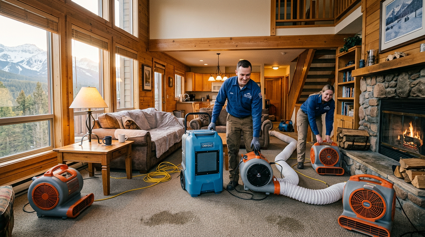 Wide angle photorealistic interior shot showing a restoration crew placing drying equipment in a mountain condo living are...