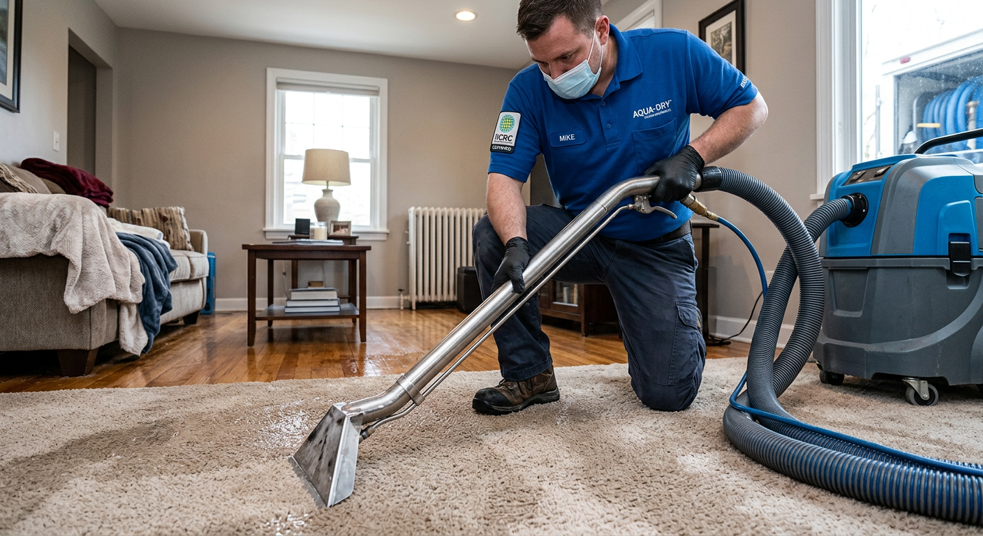 Close-up photorealistic shot of industrial water extraction equipment in a living room, technician placing a truck-mounted...
