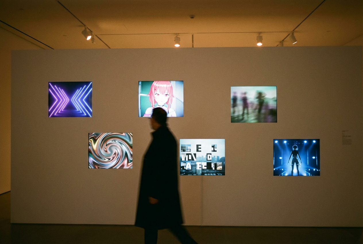 A gallery wall displaying six different screens, each showing a distinct AI-generated pop music video style — neon visualizer, anime character, dreamy narrative couple, abstract liquid chrome, lyric video with kinetic typography, and a virtual performer on stage. Soft gallery lighting with a modern minimalist space.