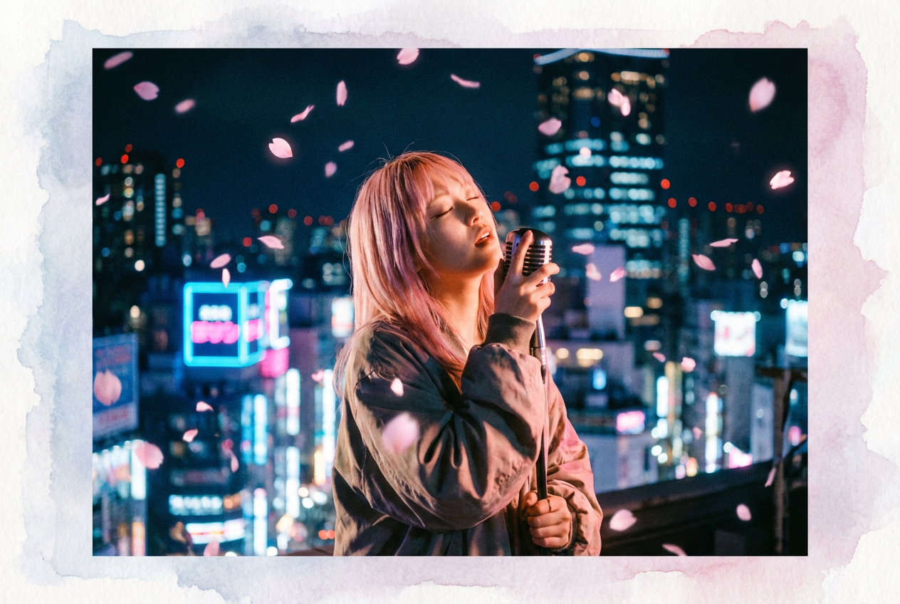 An anime-style pop music video frame showing a young female singer with flowing pastel pink hair performing on a rooftop at night, with a glowing neon Tokyo-inspired cityscape behind her. Cherry blossom petals drift through the air, and soft lens flares create a dreamlike atmosphere. The art style blends modern anime with watercolor textures.