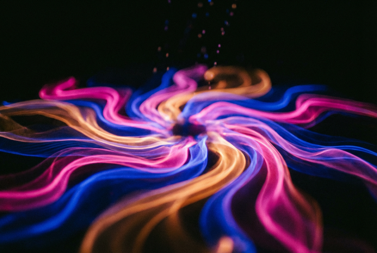 A psychedelic audio-reactive visualizer frame from a pop music video. Vibrant waves of neon pink, electric blue, and gold radiate outward from a central point, forming fluid organic shapes that pulse with energy. The colors bleed and morph like liquid light, with particle effects and geometric mandalas emerging from the waveforms. Dark background makes the colors pop intensely.