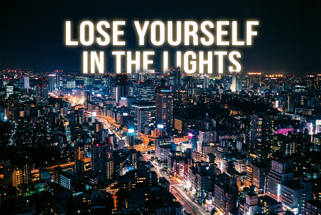 A lyric video frame for a pop song showing the words "Lose Yourself in the Lights" rendered in bold, glowing sans-serif typography floating over an AI-generated aerial view of a neon-lit metropolis at night. The letters emit a soft golden glow, and light trails from cars streak below. Cinematic and polished with a warm color grade.
