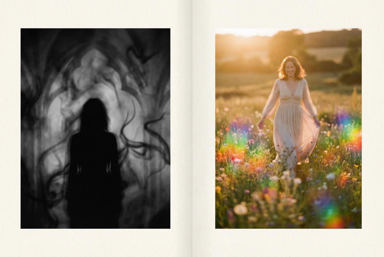 A contrasting pair of AI music video frames side by side. On the left, a dark surreal black-and-white scene with a morphing silhouette figure surrounded by swirling shadows and distorted architecture. On the right, a bright, colorful pop version using the same AI morphing technique but with a smiling figure in a sunlit flower field with vibrant rainbow colors bleeding between scenes. Shows the versatility of the same AI approach.