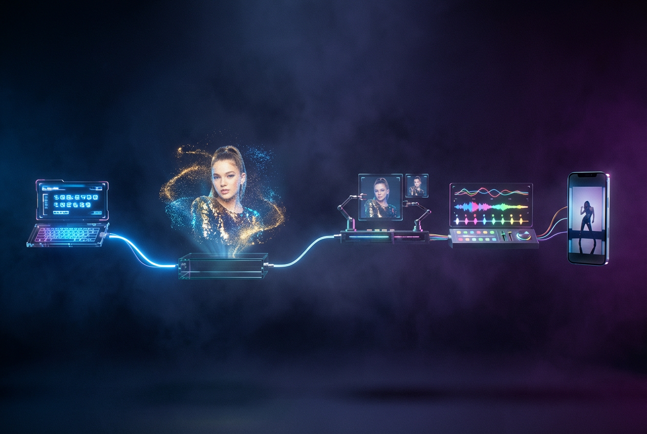 A creative workflow diagram visualized as a neon-lit assembly line. On the left, a text prompt floats in a glowing input box. It flows to a Midjourney-style image generation station showing a beautiful pop star portrait emerging from particles. Then to an animation station where the portrait comes alive with subtle motion. Then to a music sync station where audio waveforms connect to visual beats. Finally, the output shows a polished music video playing on a phone screen. Modern, clean, tech-aesthetic with blue and purple gradients.