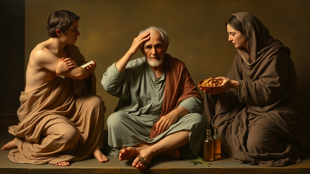 Renaissance-style allegory of caring for the mind with walking and simple nutrition