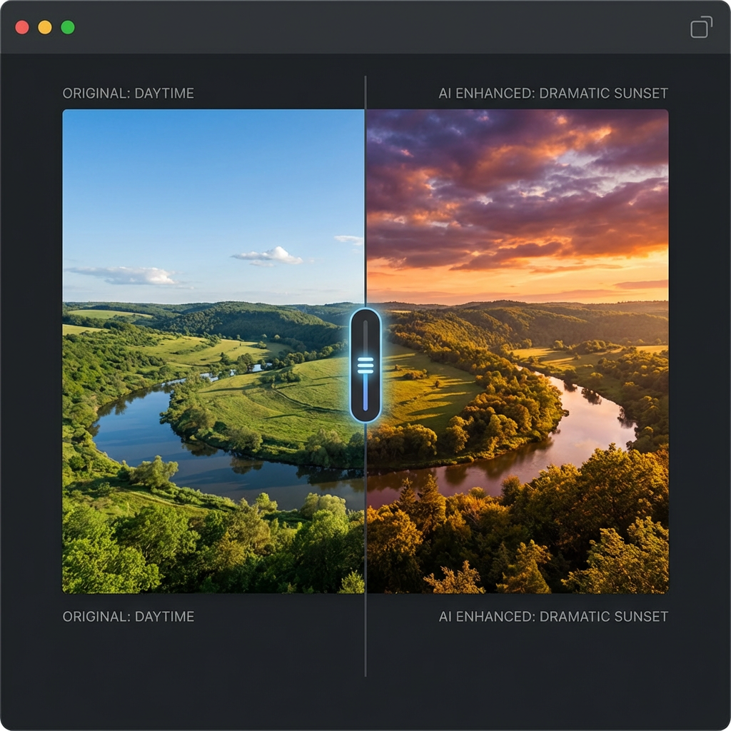 AI image-to-image transformation showing a landscape photo converted from daytime to dramatic sunset with enhanced colors