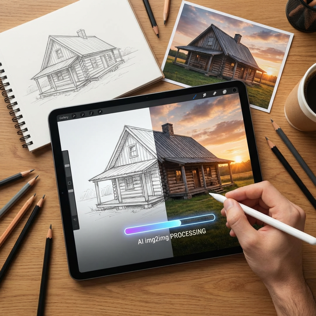 Sketch to photo transformation using AI img2img technology, pencil drawing becoming a detailed realistic image
