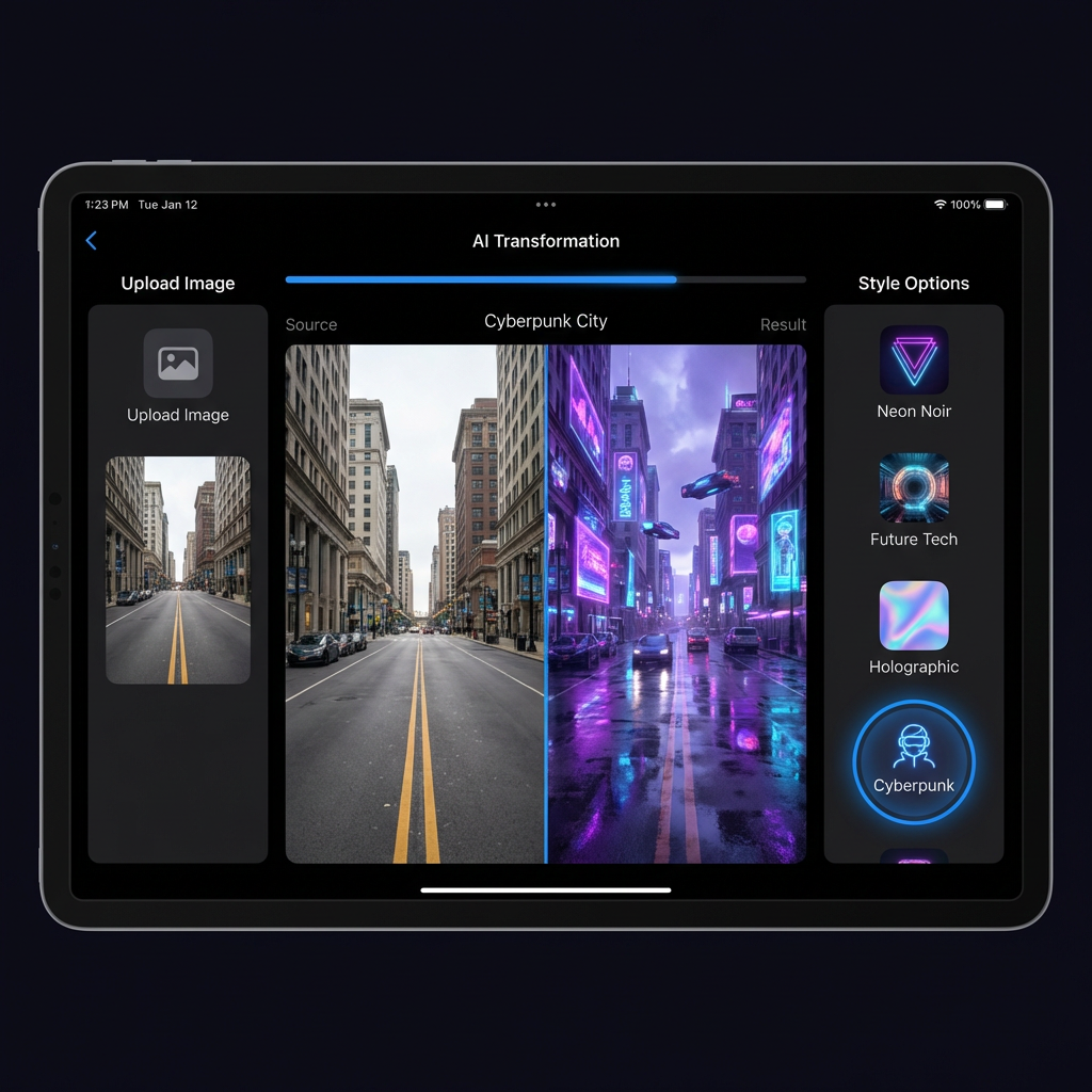 AI image-to-image tool interface showing urban photo being transformed into cyberpunk style with neon lighting