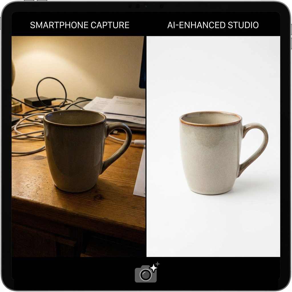 Product photo enhanced with AI image-to-image from basic smartphone photo to professional studio quality