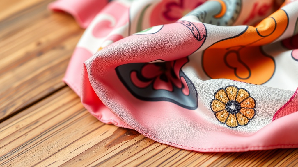 Close‑up of a bright patterned silk scarf folded neatly on a wooden table, pastel colors, spring vibe