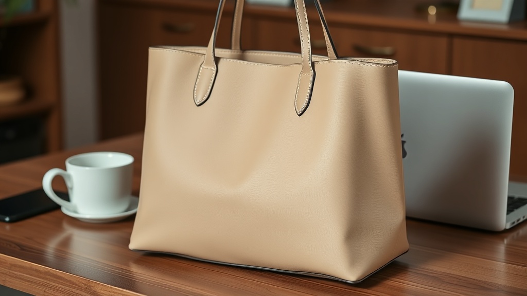 Close‑up of a sleek structured tote bag in a neutral color on a wooden desk with a coffee mug and laptop