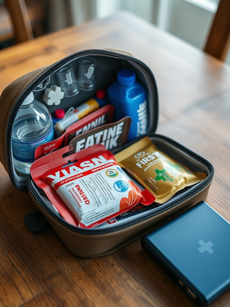 Open family emergency kit on a wooden table showing water bottles, food bars, first aid supplies, and a portable charger