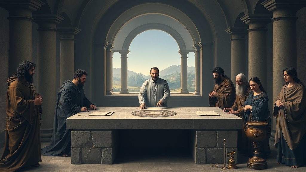 Allegorical steward scene in classical light