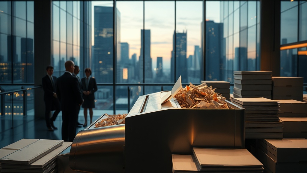 Ceremonial corporate atrium scene representing cancellation