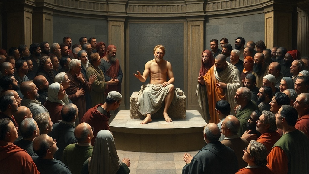 Allegorical orator in classical hall, representing persuasive influence