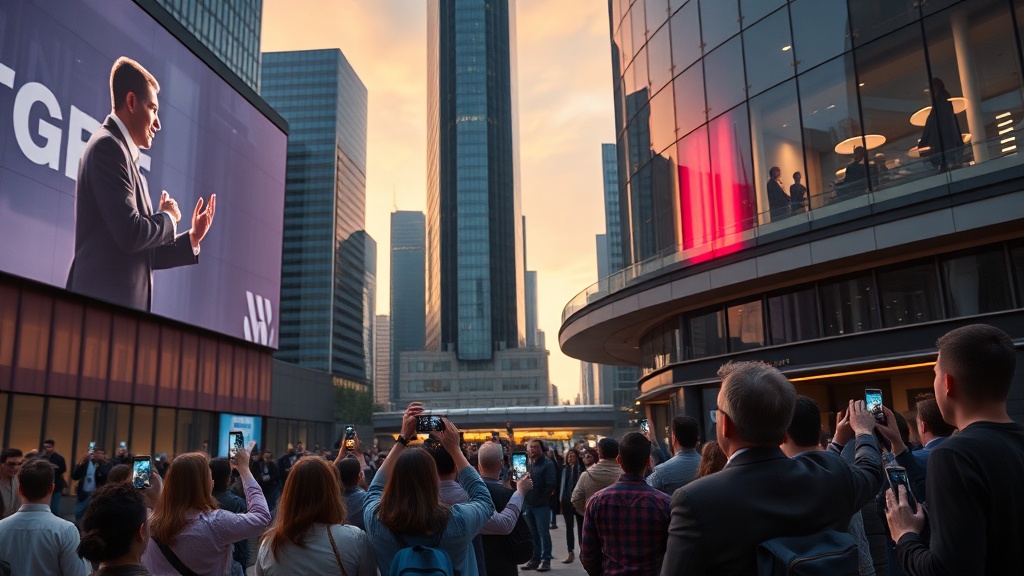 Urban plaza with live-stream on LED facade and people watching on devices