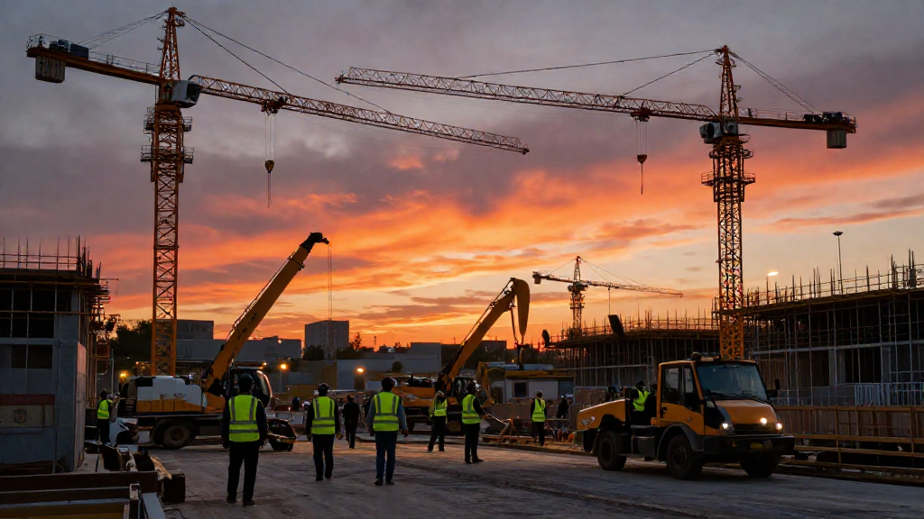 Bustling construction site at dusk, cranes silhouetted against a fiery sky, workers in high‑visibility vests moving methodically.
