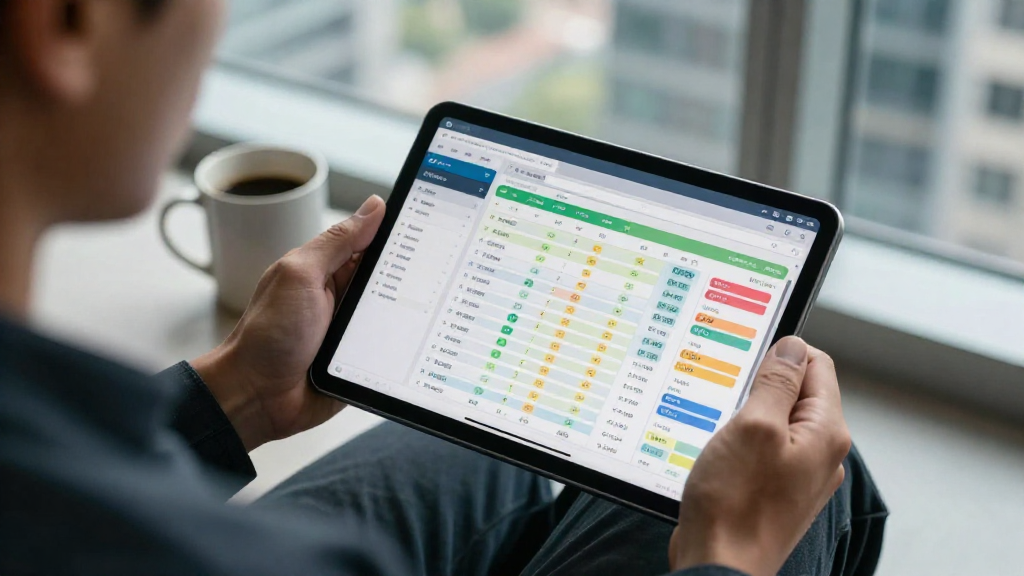 Construction manager’s tablet displaying a colorful cost‑tracking dashboard, coffee mug beside it, natural daylight filtering through a high‑rise window.
