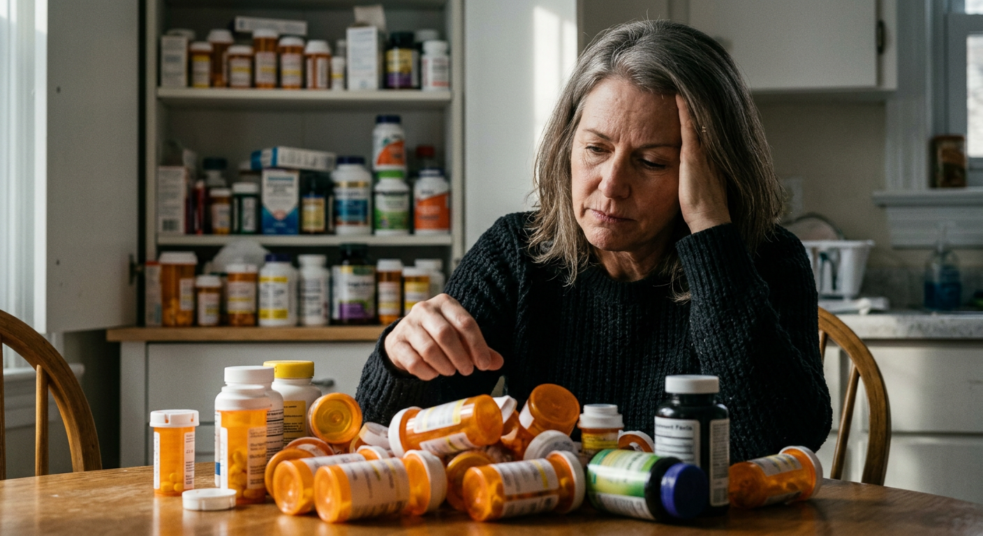 Various pills and supplements scattered on nightstand, representing failed solutions