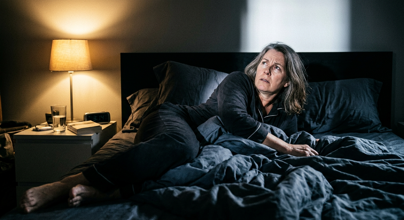 Woman in bedroom struggling with restless legs at night