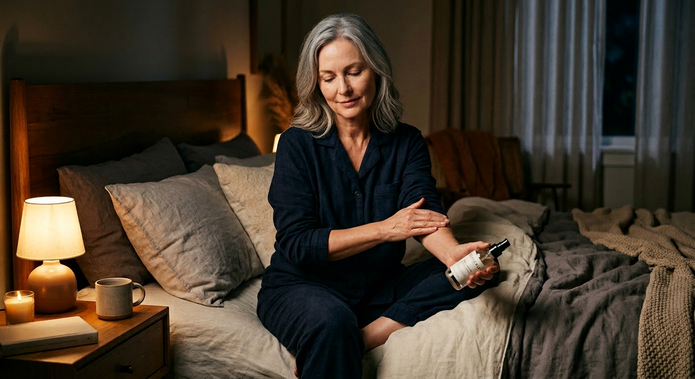 Peaceful bedtime scene showing person applying topical magnesium spray and lotion