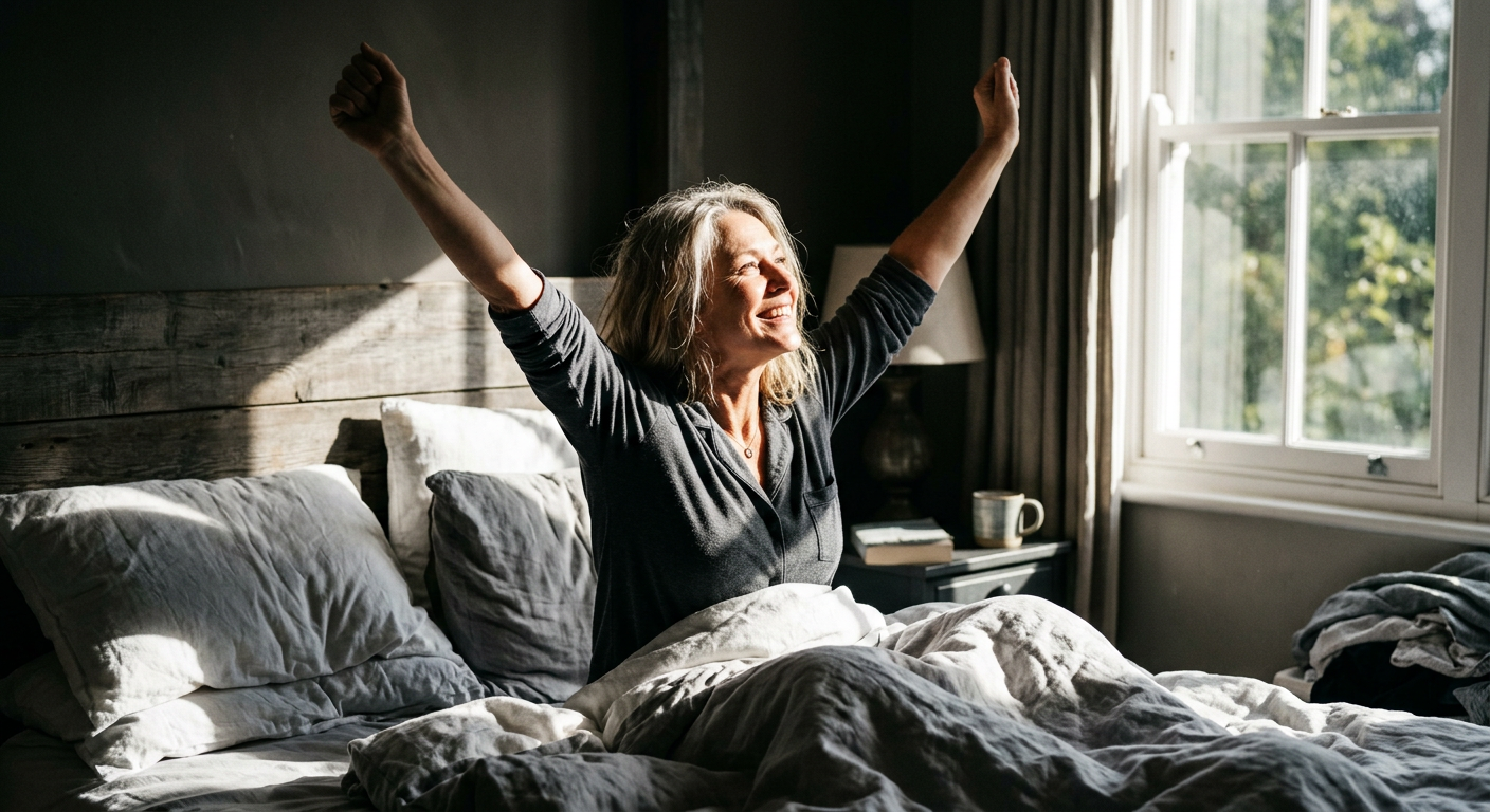 Person waking up refreshed and energized in bright morning light