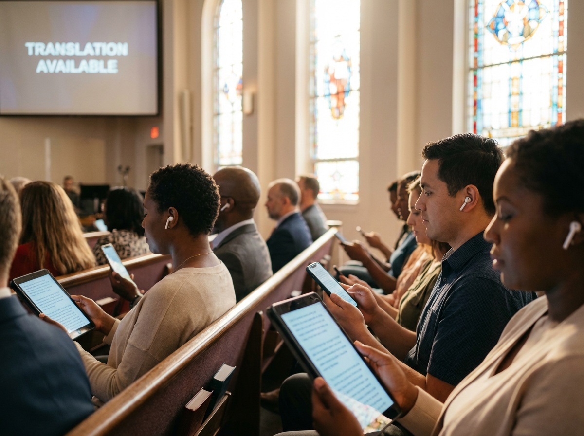 Church members using phones for real-time translation during multilingual worship service