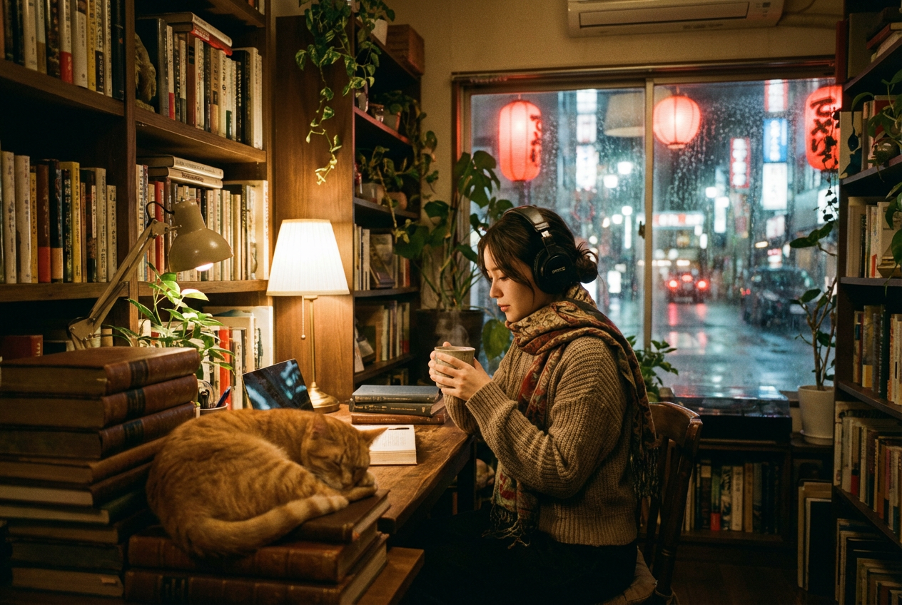 AI-generated anime-style lo-fi study room