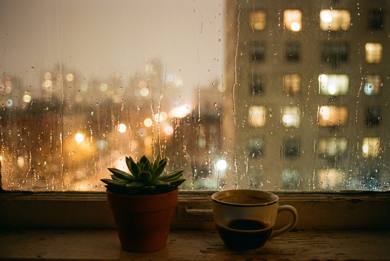 Rainy window overlooking a nighttime city