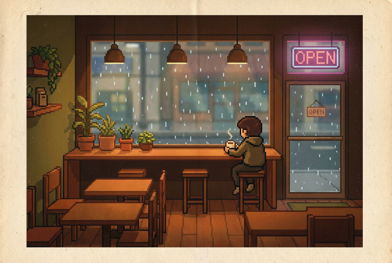 Pixel art lo-fi café scene