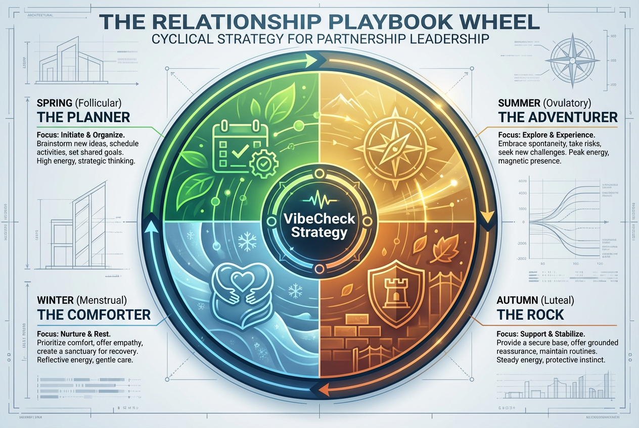 A circular diagram showing the four phases of the menstrual cycle mapped to relationship roles for men: Planner, Adventurer, Rock, and Comforter.