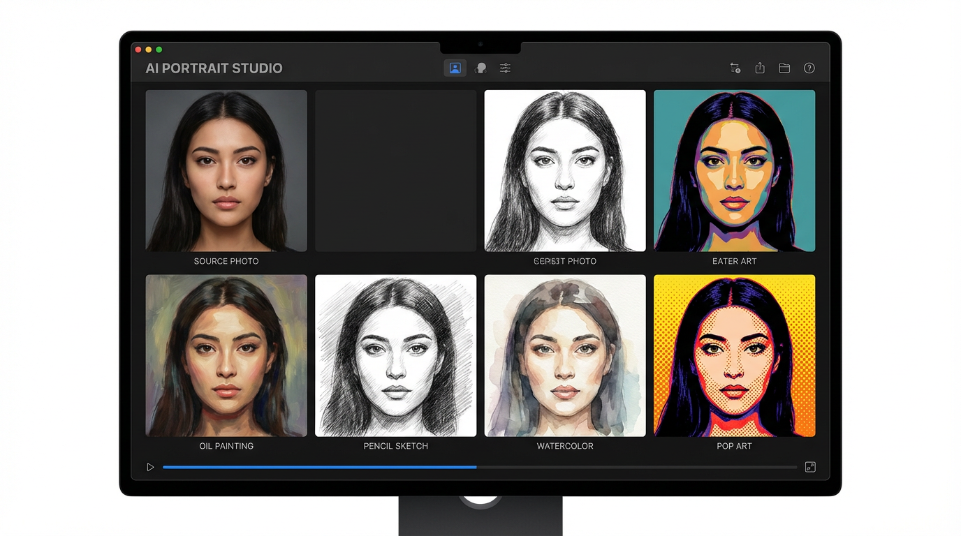 AI portrait generator creating multiple artistic portrait styles — oil painting, pencil sketch, watercolor, and pop art