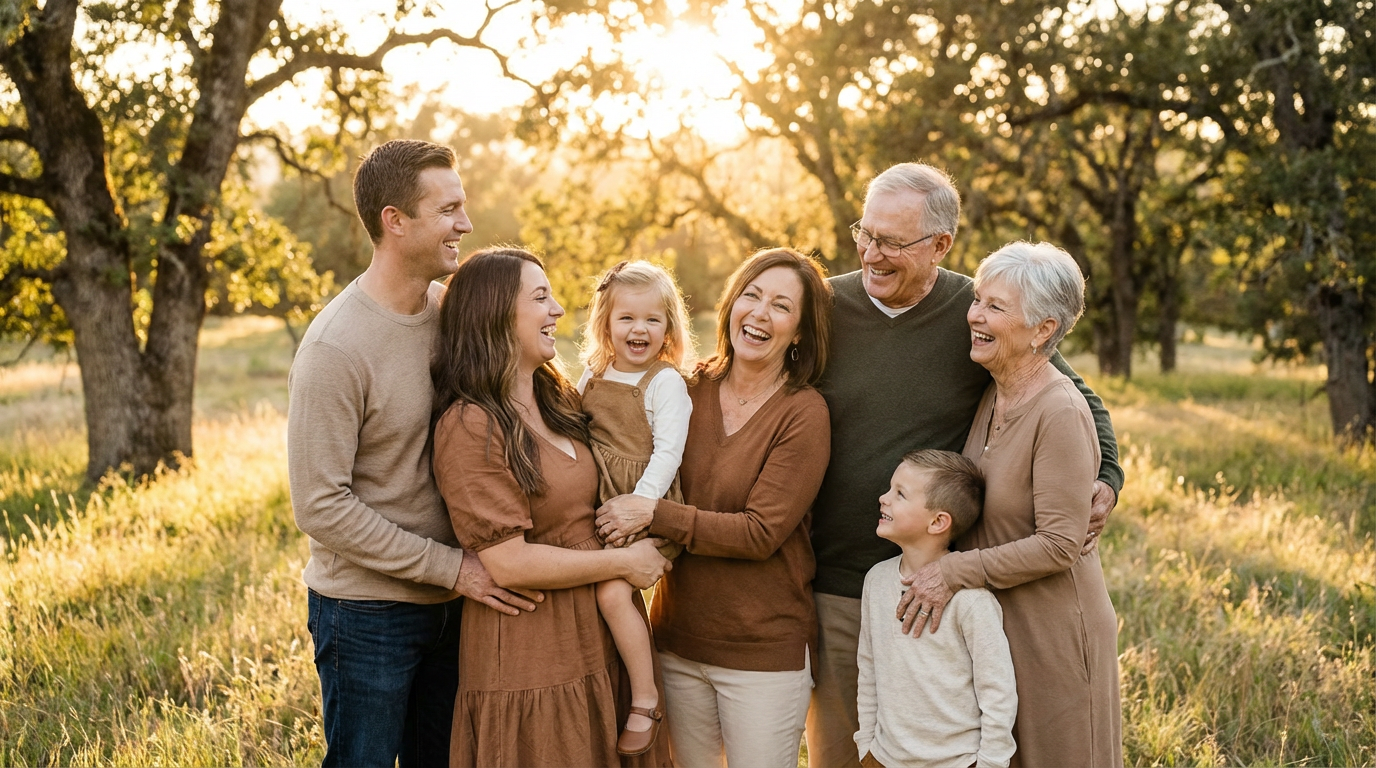 AI-generated family portrait in warm golden hour setting with natural poses and professional quality