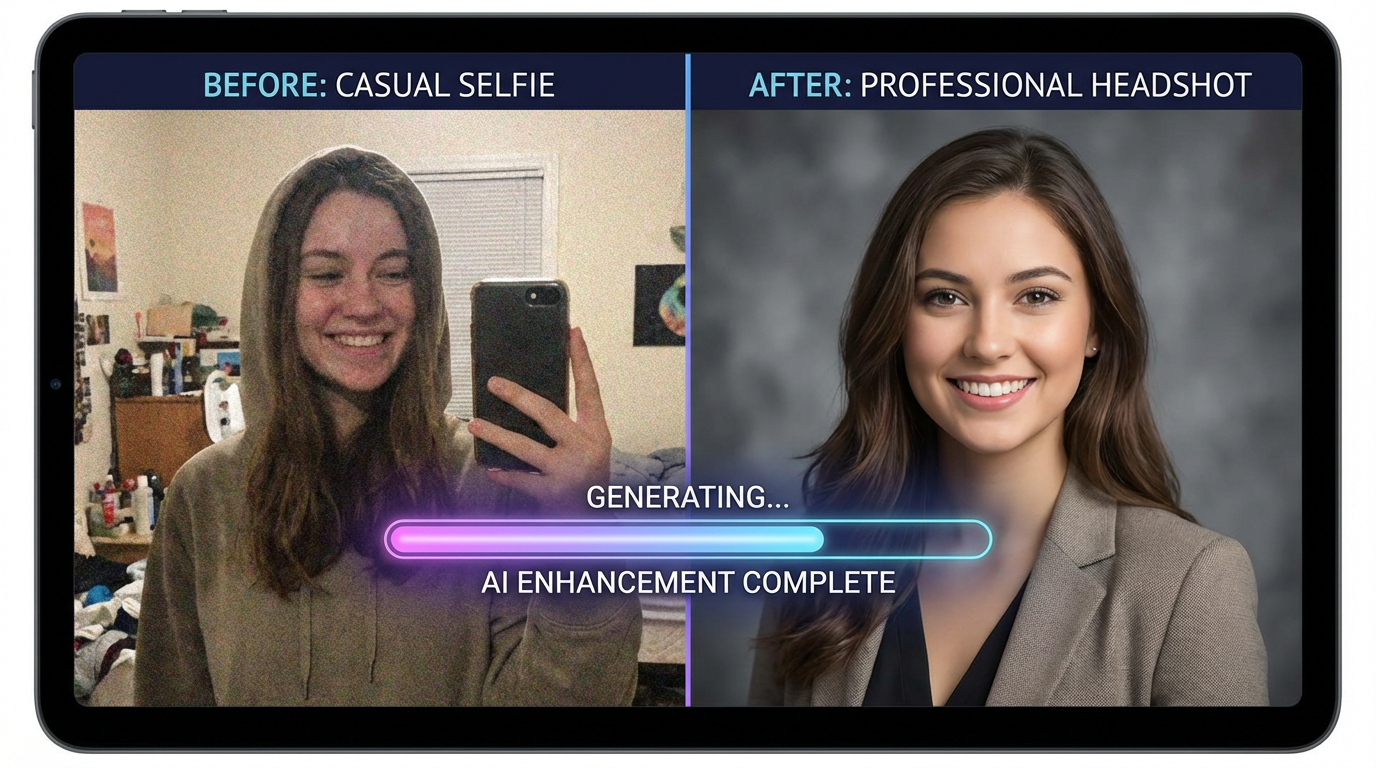 AI self portrait generator transforming a casual selfie into a professional LinkedIn headshot