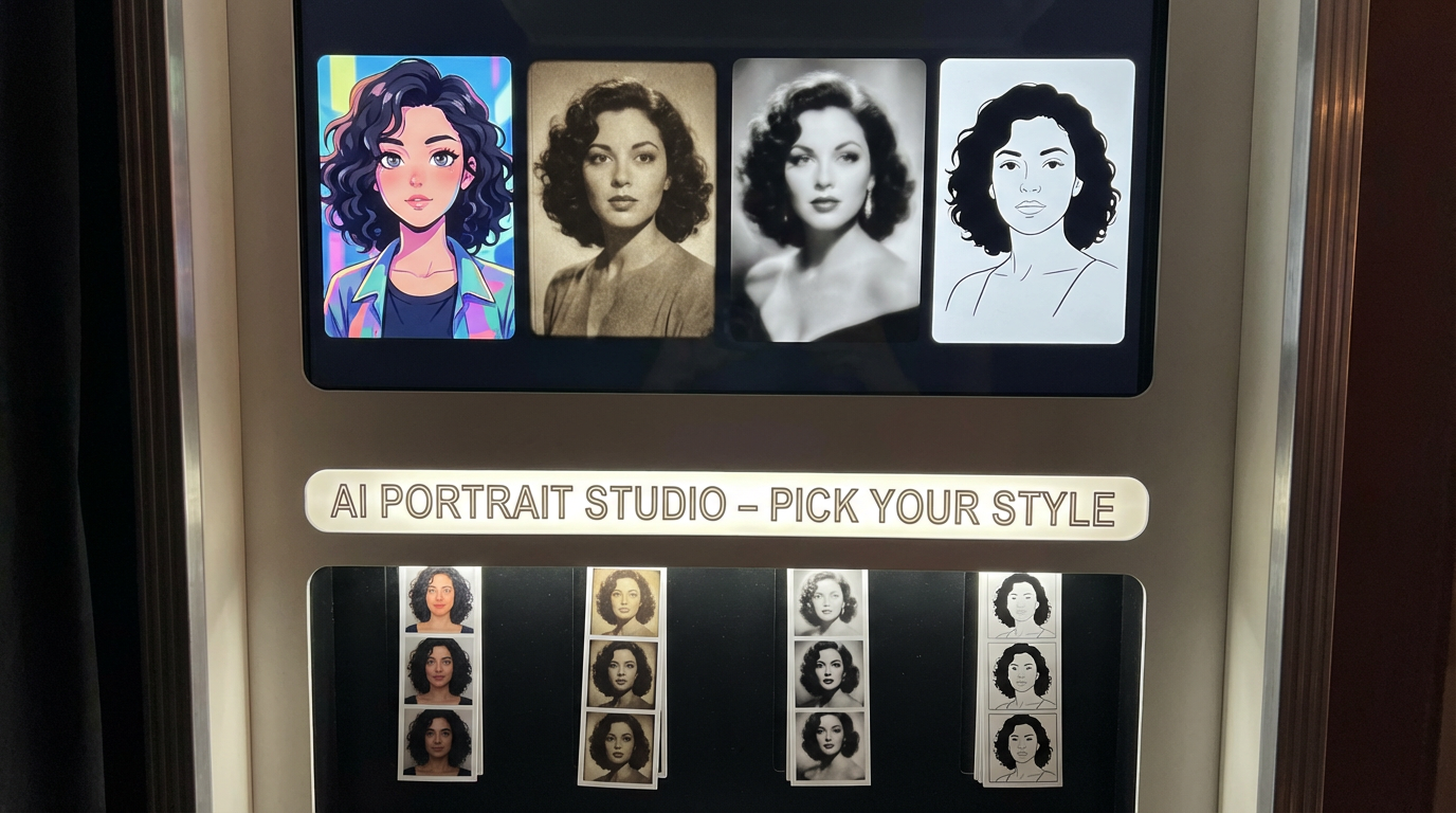 AI portrait photo booth showing diverse styles — anime avatar, vintage film, glamour shot, and line art