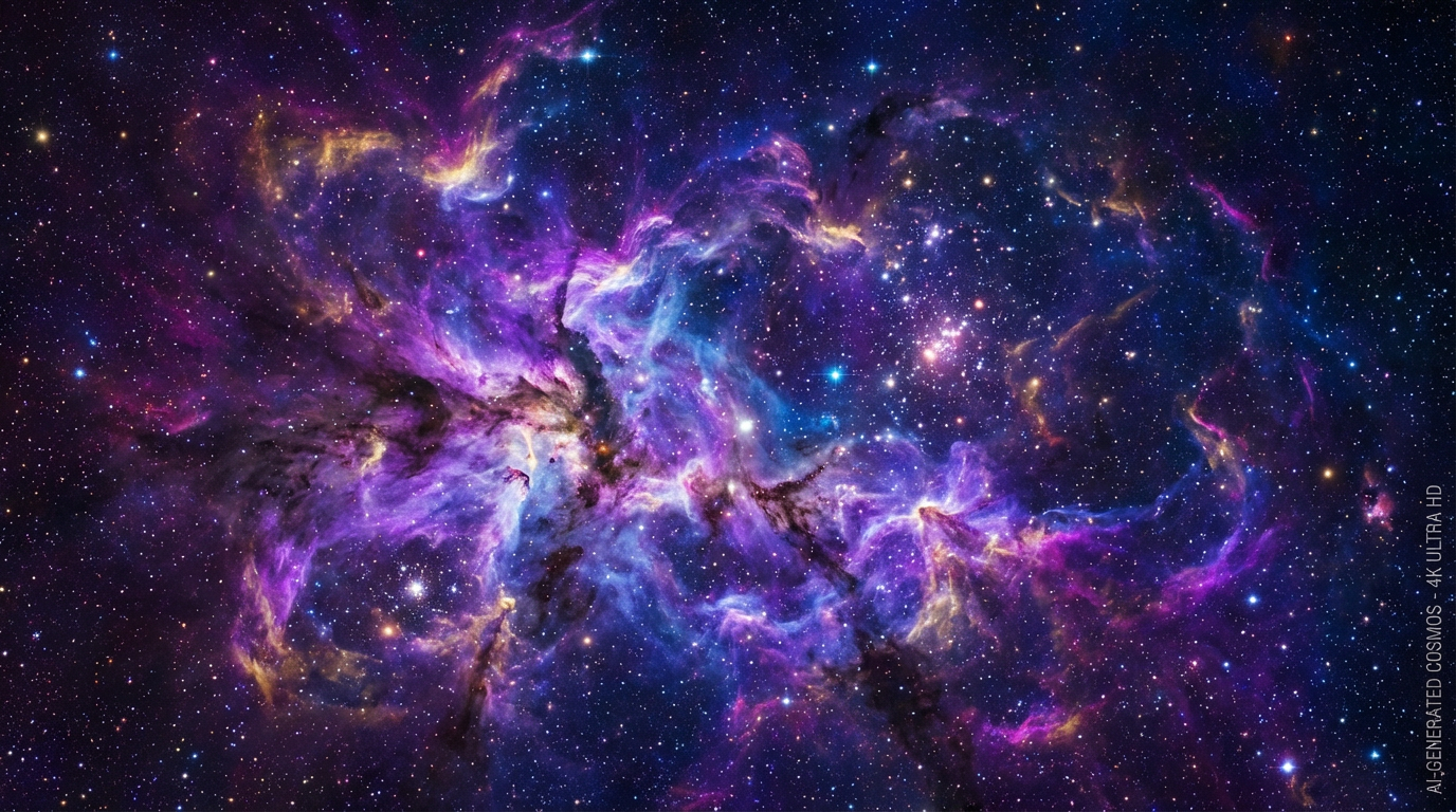 Stunning 4K AI-generated desktop wallpaper featuring a cosmic nebula with vibrant purple and blue swirls, stars scattered across deep space