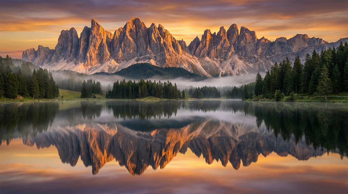 AI wallpaper generator creating a breathtaking mountain landscape at golden hour with mirror lake reflection, 4K nature wallpaper