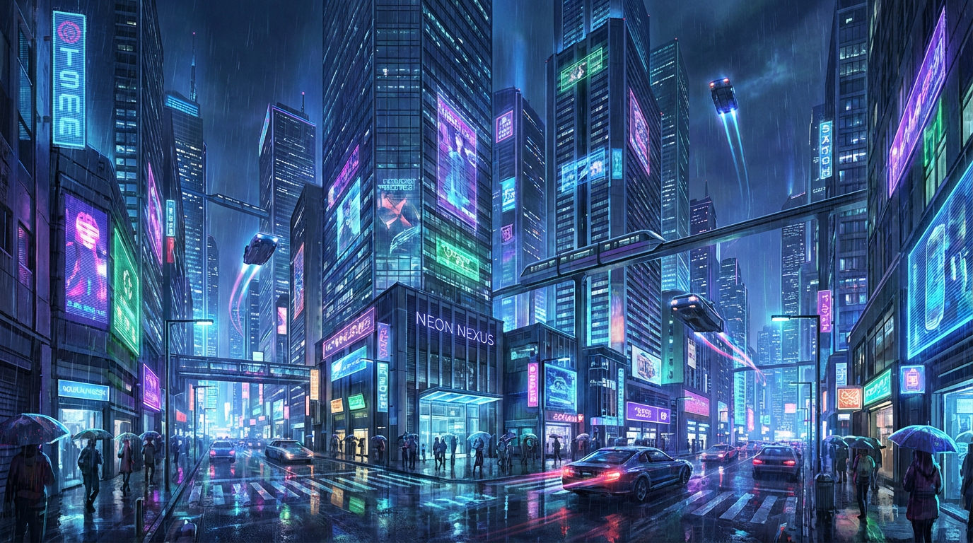 Futuristic cyberpunk cityscape AI wallpaper with neon lights, rain-soaked streets, and towering skyscrapers at night