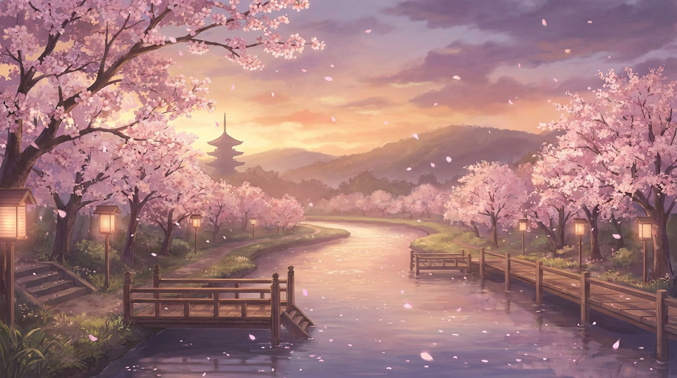 Anime-style AI wallpaper featuring cherry blossom trees along a peaceful river with a glowing sunset sky, soft pastel colors