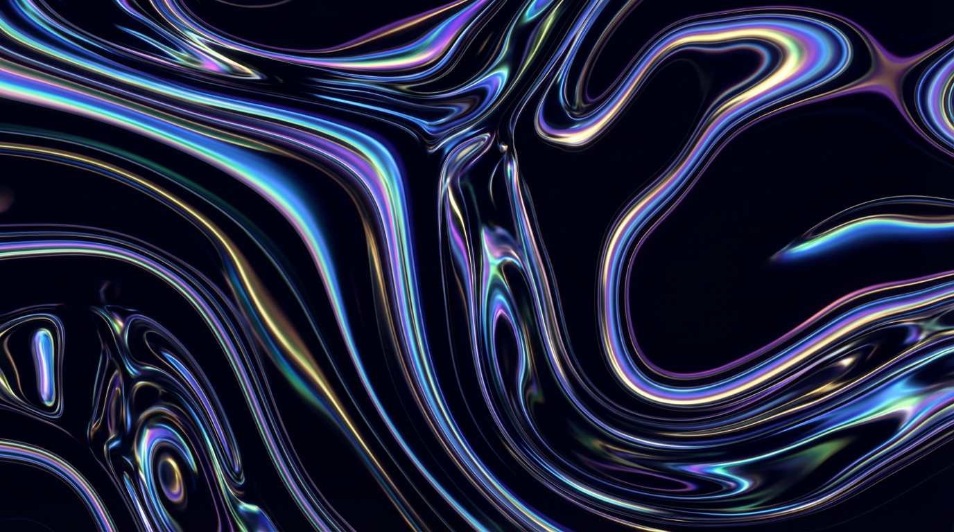 Abstract AI-generated wallpaper with flowing liquid chrome and iridescent rainbow colors, dark background, modern artistic style