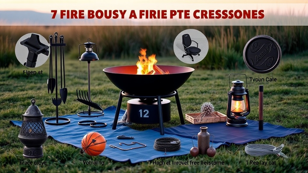 Portable propane fire pit accessories laid out on a grassy meadow at dusk