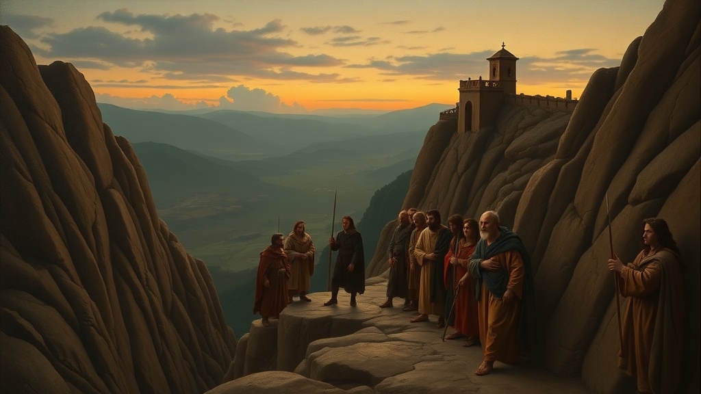 A small band of resolute defenders holding a narrow rocky pass at dusk