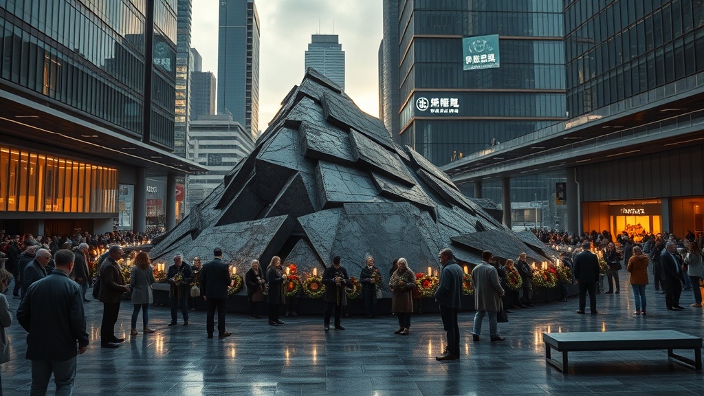 A modern public memorial with diverse people paying respects at dusk