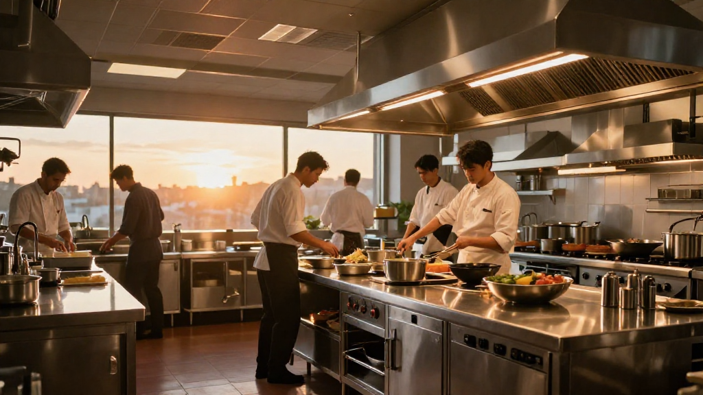 Bustling kitchen at sunset, stainless‑steel prep stations gleaming, chefs in motion, warm golden hour light filtering through the windows