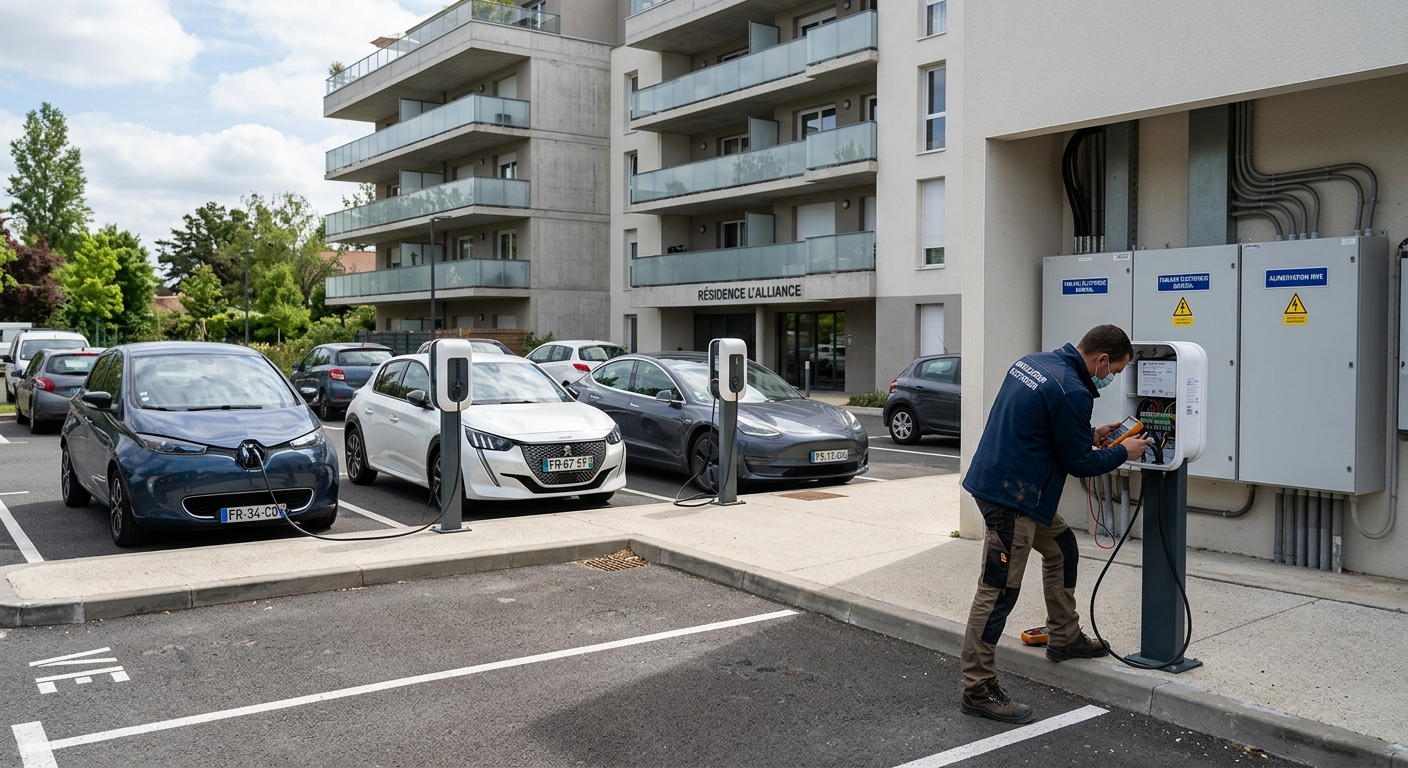 Borne de recharge électrique IRVE en copropriété avec plusieurs voitures électriques en charge dans un parking sous lumière naturelle