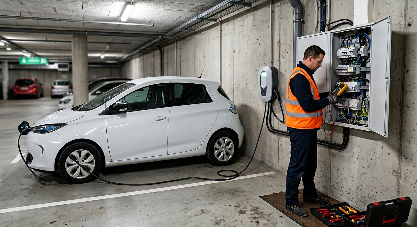 Borne de recharge électrique IRVE installée dans un parking en copropriété avec un véhicule en cours de recharge et un installateur contrôlant.