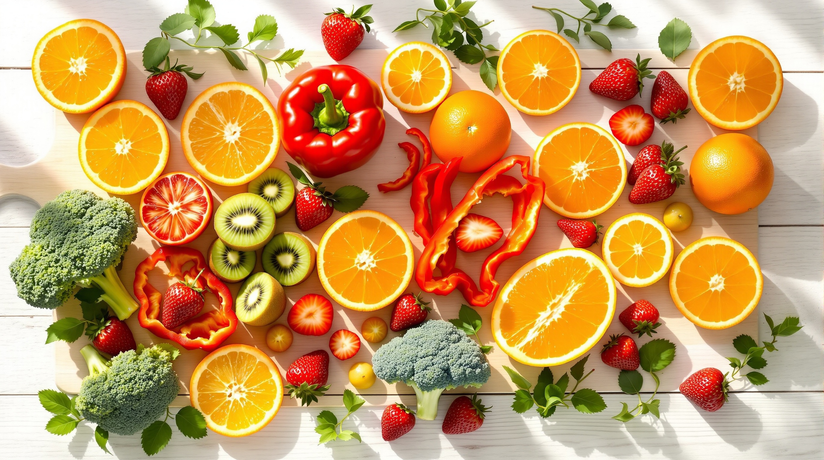 다양한 비타민C 함유 자연 식품들을 보기 좋게 배열한 건강한 식재료 이미지