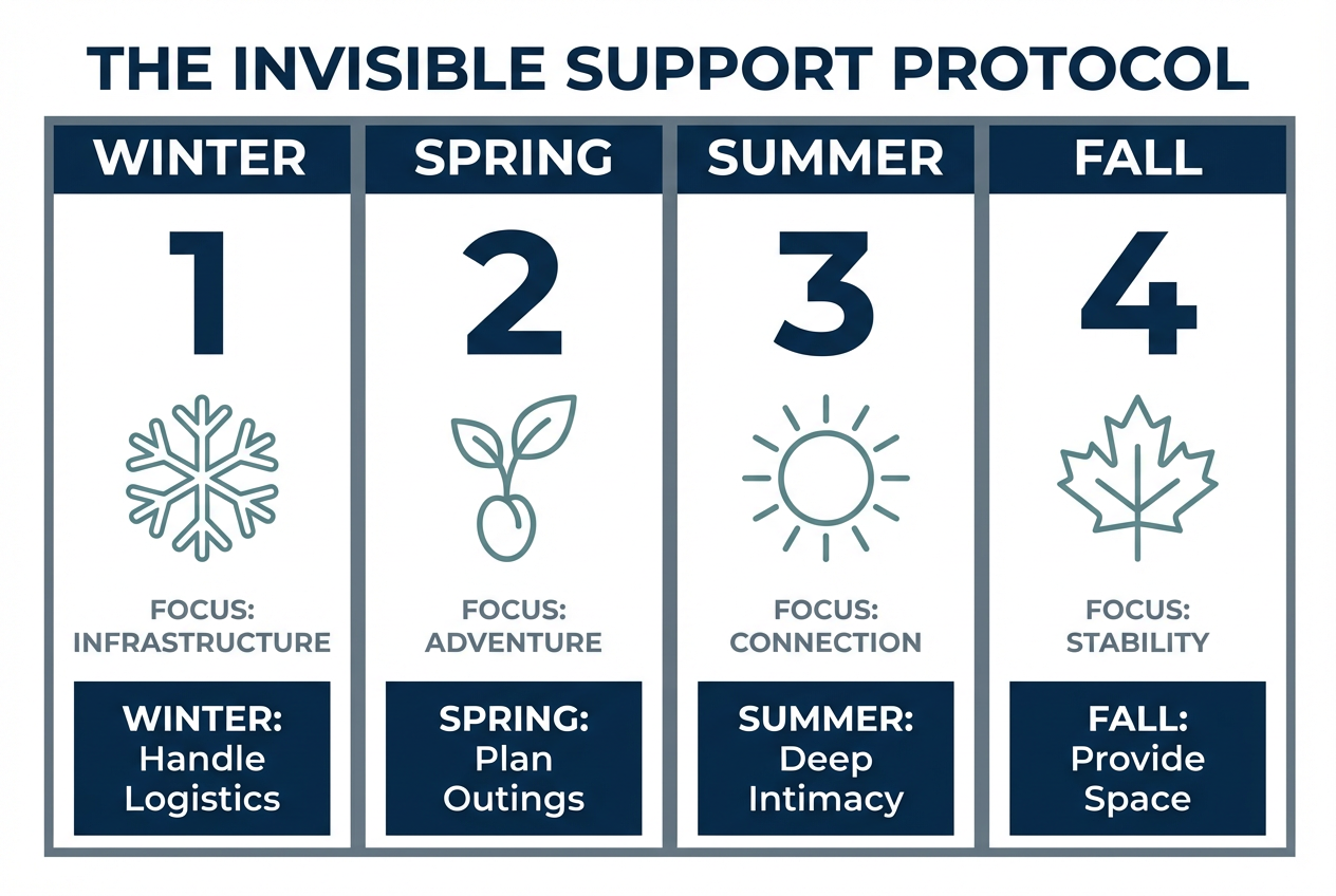 Infographic showing the 4-phase relationship map for men: Winter (Infrastructure), Spring (Adventure), Summer (Connection), and Fall (Stability).