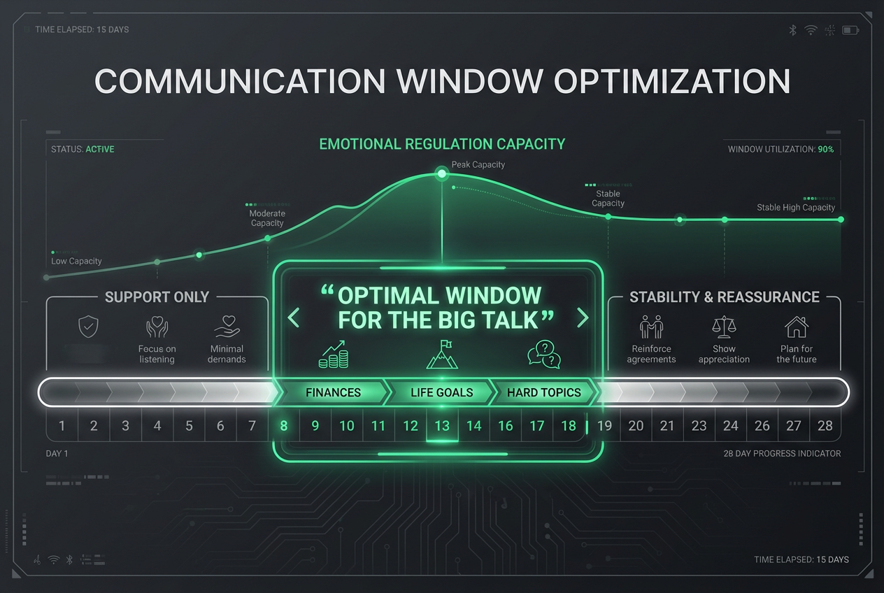 A communication timeline for men showing the optimal window for difficult conversations during the follicular and ovulatory phases of a partner's cycle.