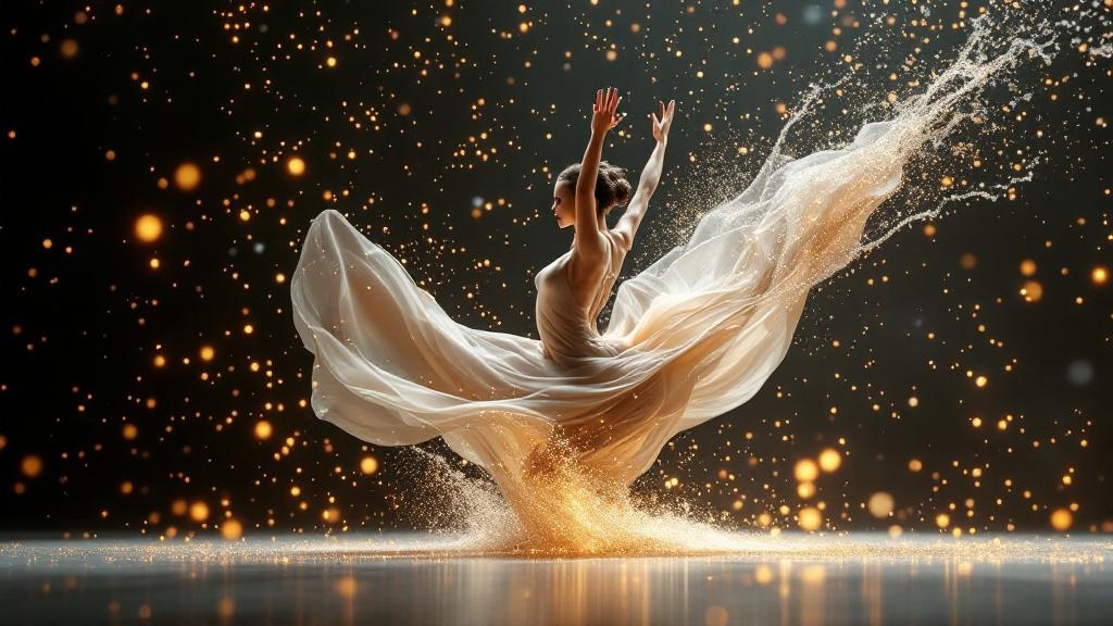 AI-generated cinematic video frame with fluid motion and particle effects